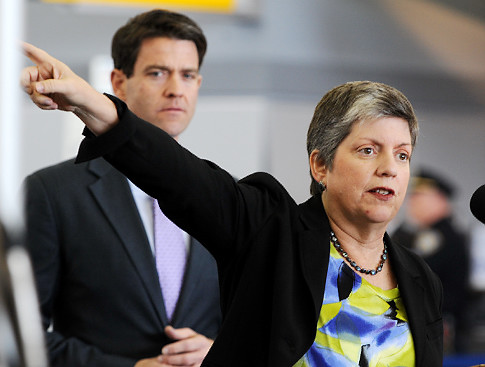 The first Advanced Imaging Technology (AIT) scanner at JFK airport is shown by Homeland Security Secretary Janet Napolitano (r.) Friday.