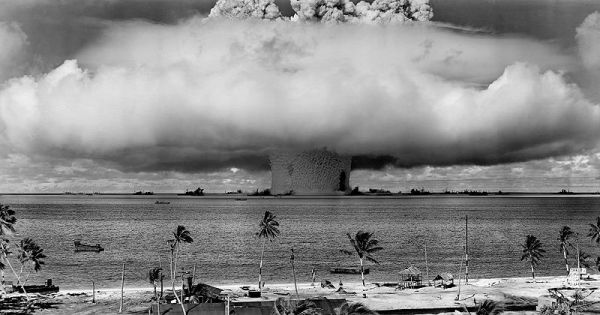 The "Baker" explosion at Bikini Atoll, Micronesia, on 25 July 1946. Credit: US Navy, via Wikimedia Commons. The "Baker" explosion at Bikini Atoll, Micronesia, on 25 July 1946. Credit: US Navy, via Wikimedia Commons.
