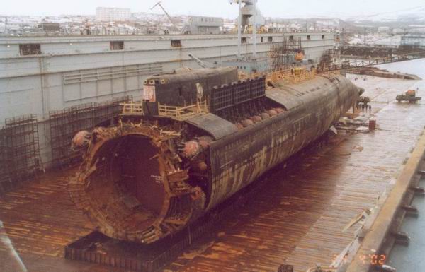 Salvaged wreck of the Russian nuclear submarine K-141 Kursk, via Wikimedia Commons. Salvaged wreck of the Russian nuclear submarine K-141 Kursk, via Wikimedia Commons.