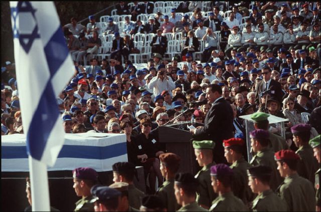 Egypt’s President Hosni Mubarak gives a eulogy at the funeral of the assassinated Israeli Prime Minister Yitzhak Rabin, Mount Herzl, Jerusalem, 6 November 1995 Egypt’s President Hosni Mubarak gives a eulogy at the funeral of the assassinated Israeli Prime Minister Yitzhak Rabin, Mount Herzl, Jerusalem, 6 November 1995