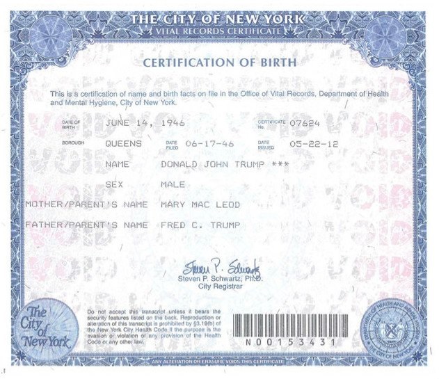 Donald Trumps NYC Birth Certificate