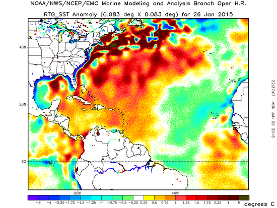 Western north Atlantic sea surface temperature anomalies. The ocean waters off of north America are much warmer than normal.