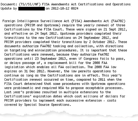 An NSA newsletter entry dated December 2012 disclosing the costs of new certification demands. Photograph: guardian.co.uk An NSA newsletter entry dated December 2012 disclosing the costs of new certification demands. Photograph: guardian.co.uk