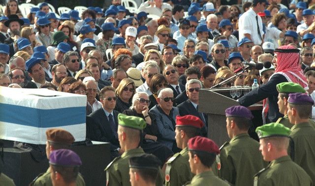 Jordan’s King Hussein gives a eulogy at the funeral of the assassinated Israeli Prime Minister Yitzhak Rabin, Mount Herzl, Jerusalem, 6 November 1995 Jordan’s King Hussein gives a eulogy at the funeral of the assassinated Israeli Prime Minister Yitzhak Rabin, Mount Herzl, Jerusalem, 6 November 1995