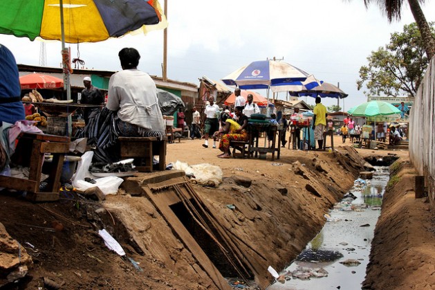 Residents of Clara Town, a low-income neighbourhood of Monrovia, Liberia, face sanitation challenges with the onset of the rainy season. Credit: Travis Lupick/IPS