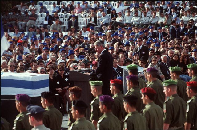 U.S. President Bill Clinton gives a eulogy at the funeral of the assassinated Israeli Prime Minister Yitzhak Rabin, Mount Herzl, Jerusalem, 6 November 1995 U.S. President Bill Clinton gives a eulogy at the funeral of the assassinated Israeli Prime Minister Yitzhak Rabin, Mount Herzl, Jerusalem, 6 November 1995
